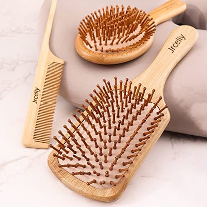 Natural Bamboo Hair Brush Set - 3 Pcs Wooden Paddle Detangling Brushes for Women, Curly, Thick, Fine Hair