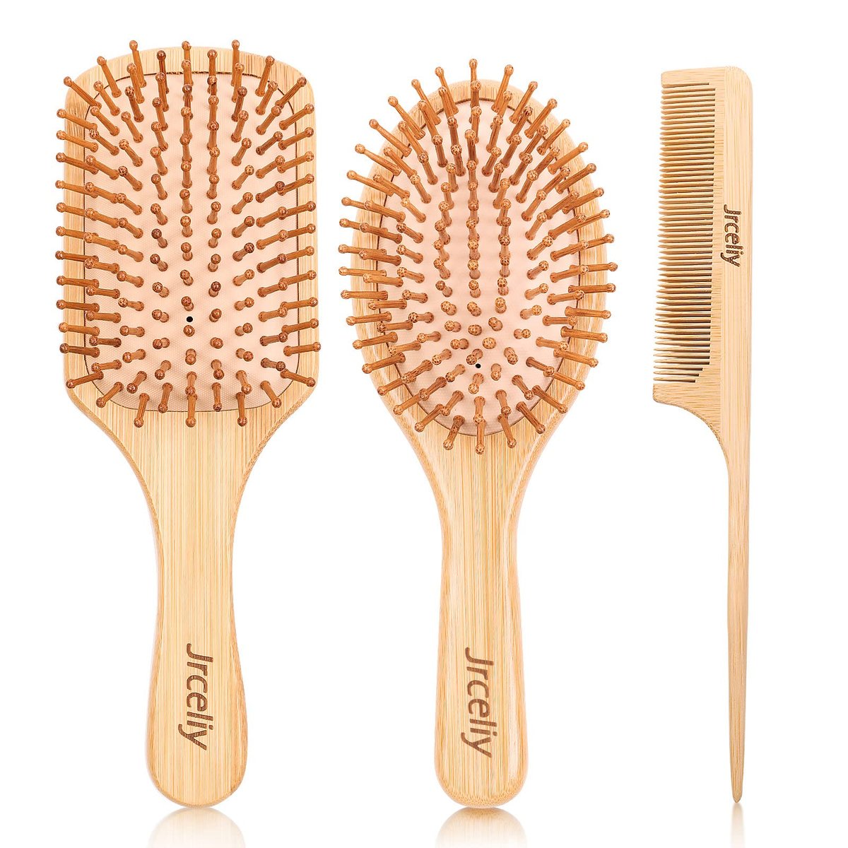 Natural Bamboo Hair Brush Set - 3 Pcs Wooden Paddle Detangling Brushes for Women, Curly, Thick, Fine Hair - görsel 3