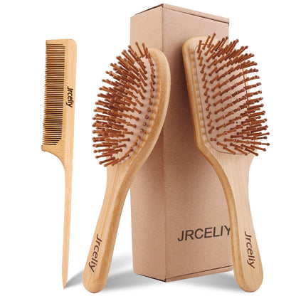 Natural Bamboo Hair Brush Set - 3 Pcs Wooden Paddle Detangling Brushes for Women, Curly, Thick, Fine Hair
