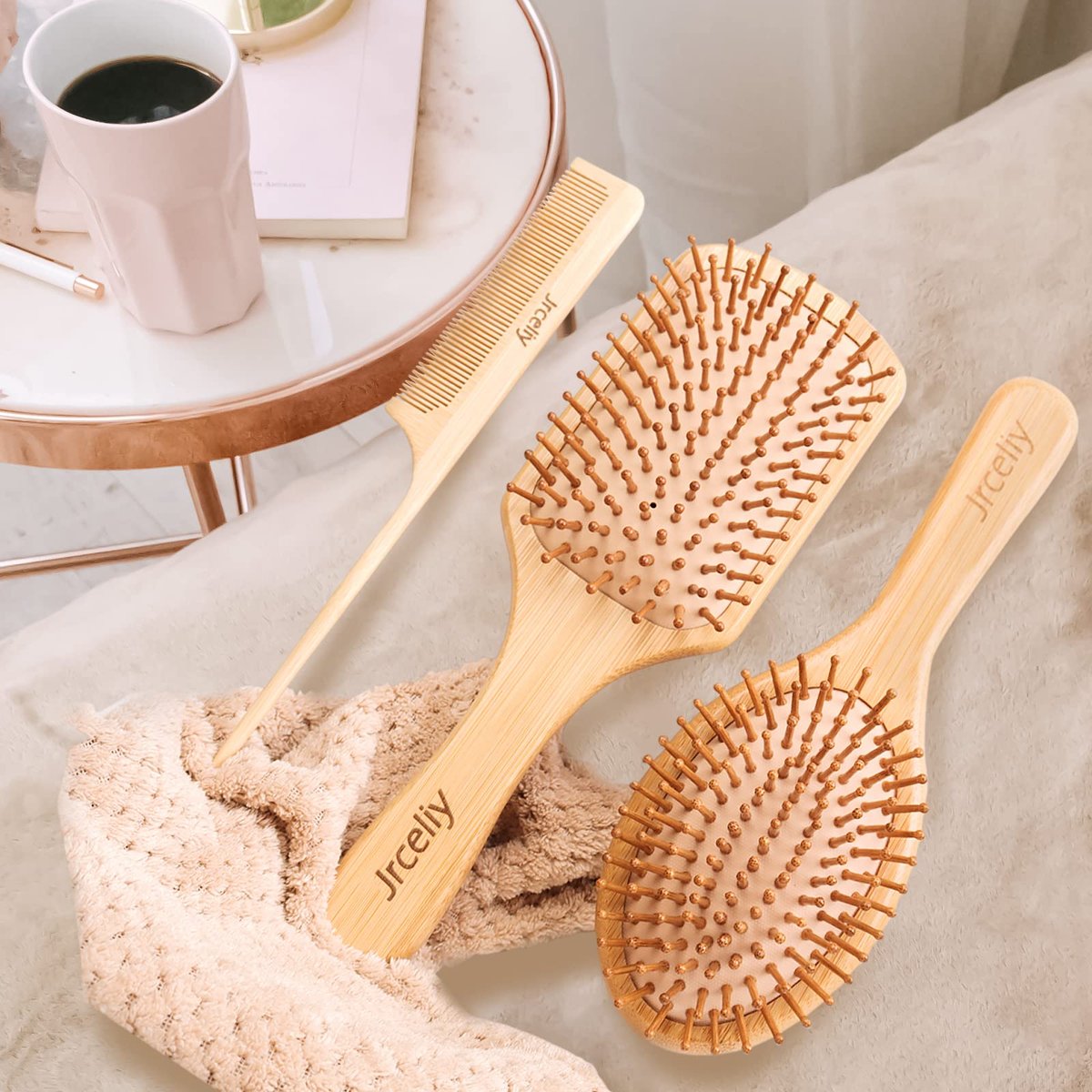 Natural Bamboo Hair Brush Set - 3 Pcs Wooden Paddle Detangling Brushes for Women, Curly, Thick, Fine Hair - görsel 11