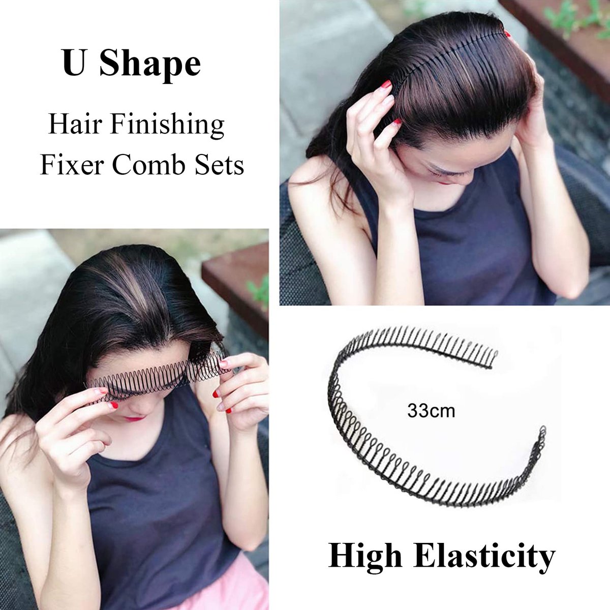 6-Piece U Shape Hair Finishing Fixer Comb Set - Stretchable Bobby Bangs Holder & Styling Tool for Women - Black Metal Hair Pins Avelisse