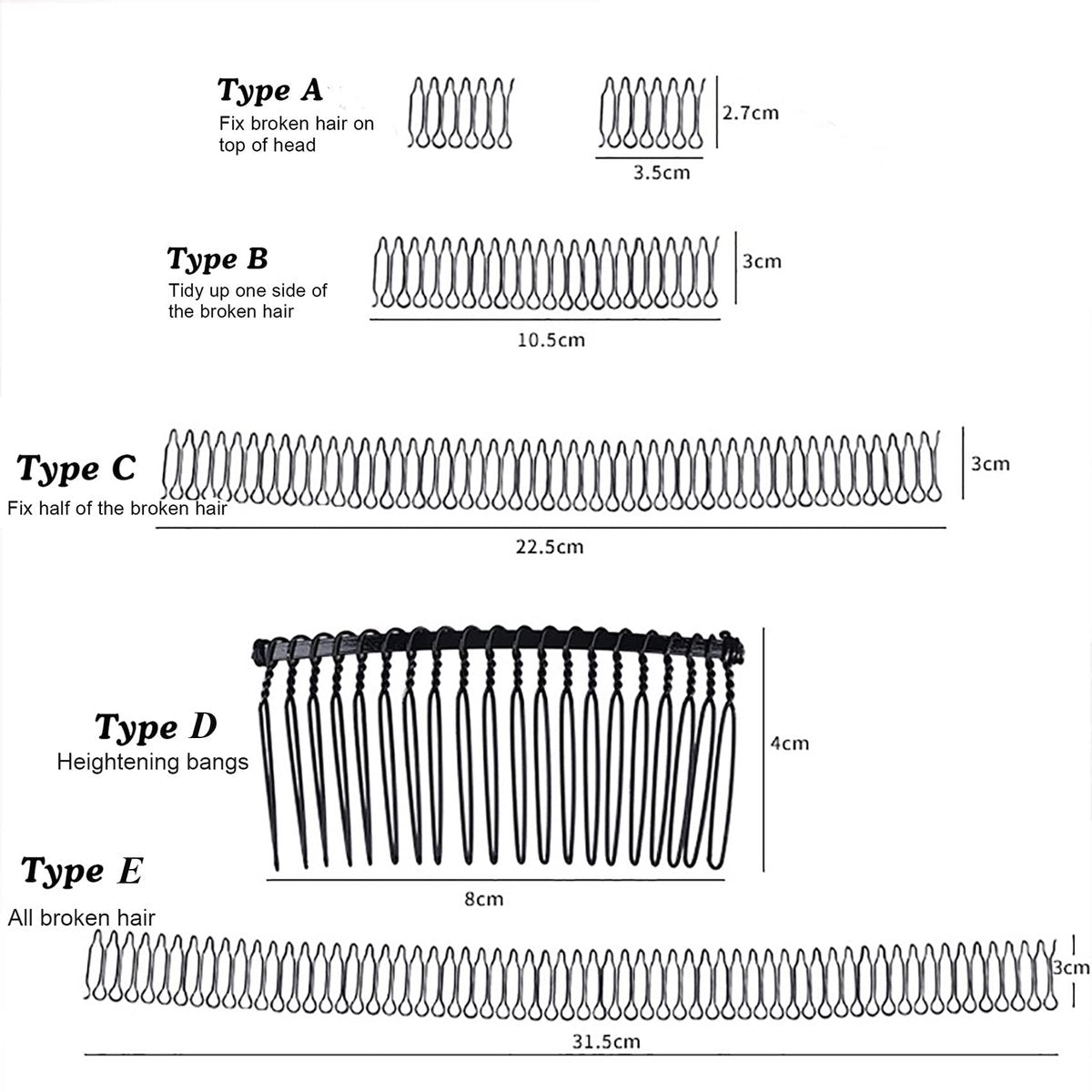 6-Piece U Shape Hair Finishing Fixer Comb Set - Stretchable Bobby Bangs Holder & Styling Tool for Women - Black Metal Hair Pins Avelisse