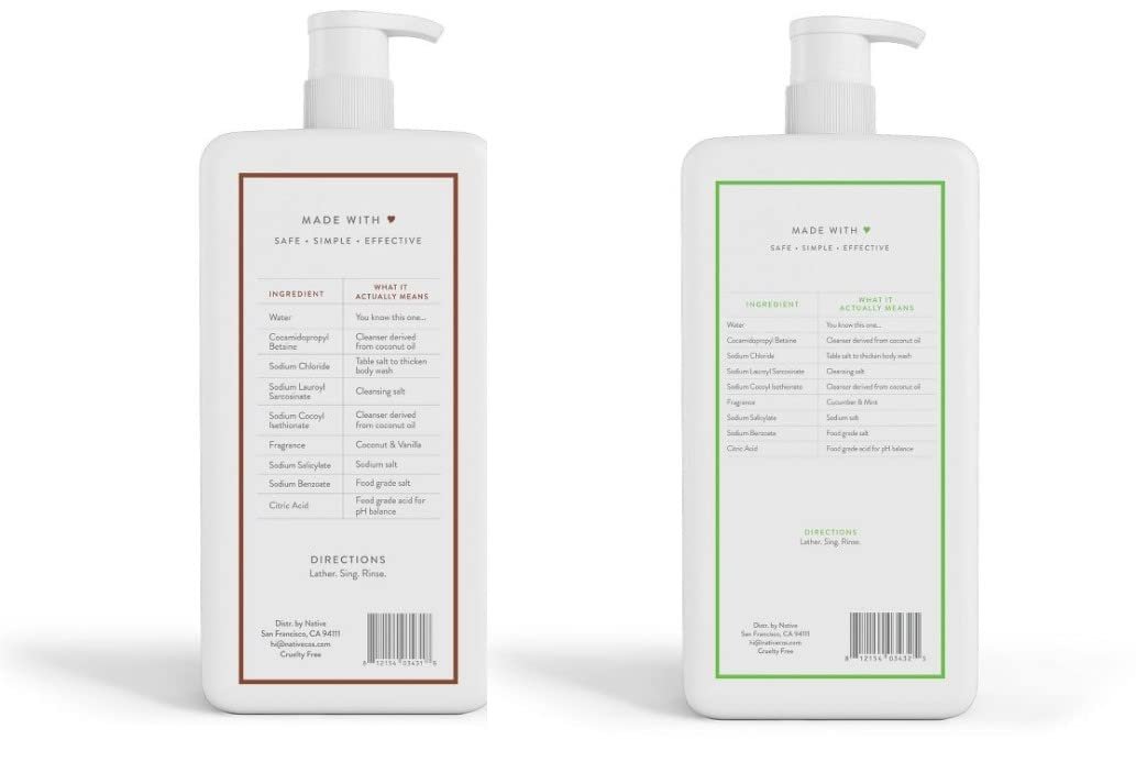 Native Body Wash Bundle: Coconut & Vanilla + Cucumber & Mint - 36 oz Bottles with Pump (Pack of 2) Avelisse