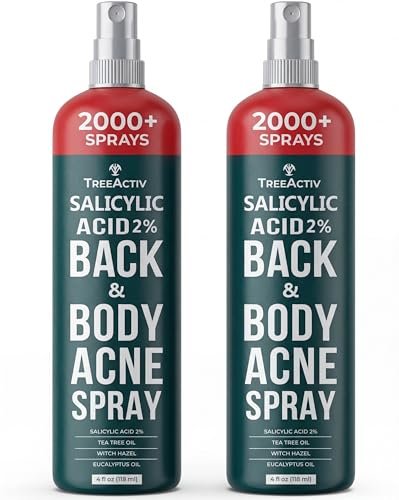 TreeActiv Salicylic Acid Back & Body Acne Spray - Tea Tree & Eucalyptus, Fast-Drying Non-Staining, 4 fl oz (2-Pack, 8 fl oz Total) Avelisse