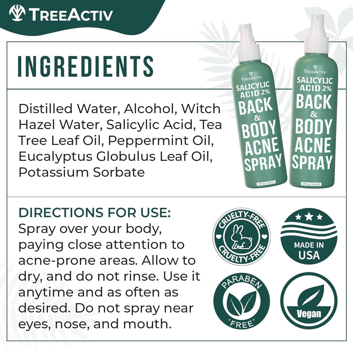 TreeActiv Salicylic Acid Back & Body Acne Spray - Tea Tree & Eucalyptus, Fast-Drying Non-Staining, 4 fl oz (2-Pack, 8 fl oz Total) Avelisse