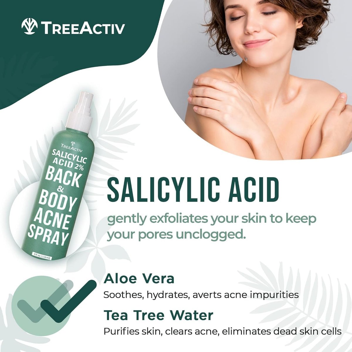 TreeActiv Salicylic Acid Back & Body Acne Spray - Tea Tree & Eucalyptus, Fast-Drying Non-Staining, 4 fl oz (2-Pack, 8 fl oz Total) Avelisse