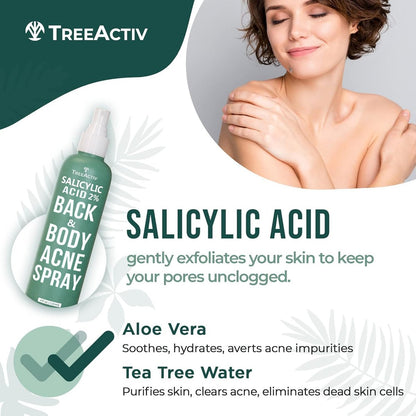 TreeActiv Salicylic Acid Back & Body Acne Spray - Tea Tree & Eucalyptus, Fast-Drying Non-Staining, 4 fl oz (2-Pack, 8 fl oz Total) Avelisse