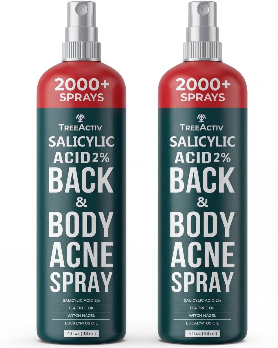 TreeActiv Salicylic Acid Back & Body Acne Spray - Tea Tree & Eucalyptus, Fast-Drying Non-Staining, 4 fl oz (2-Pack, 8 fl oz Total) Avelisse
