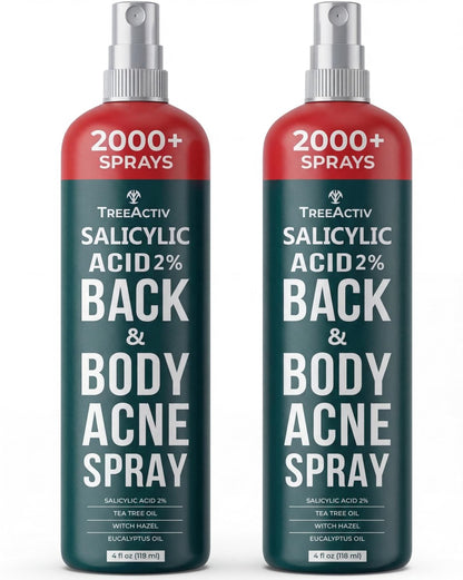 TreeActiv Salicylic Acid Back & Body Acne Spray - Tea Tree & Eucalyptus, Fast-Drying Non-Staining, 4 fl oz (2-Pack, 8 fl oz Total) Avelisse