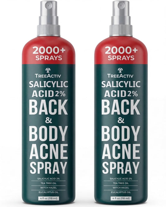 TreeActiv Salicylic Acid Back & Body Acne Spray - Tea Tree & Eucalyptus, Fast-Drying Non-Staining, 4 fl oz (2-Pack, 8 fl oz Total) Avelisse