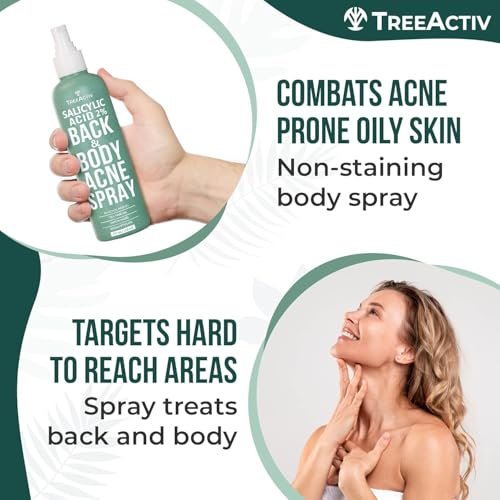 TreeActiv Salicylic Acid Back & Body Acne Spray - Tea Tree & Eucalyptus, Fast-Drying Non-Staining, 4 fl oz (2-Pack, 8 fl oz Total) Avelisse