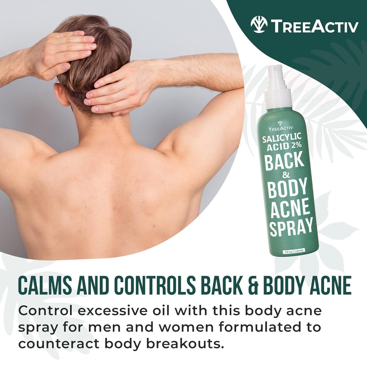 TreeActiv Salicylic Acid Back & Body Acne Spray - Tea Tree & Eucalyptus, Fast-Drying Non-Staining, 4 fl oz (2-Pack, 8 fl oz Total) Avelisse