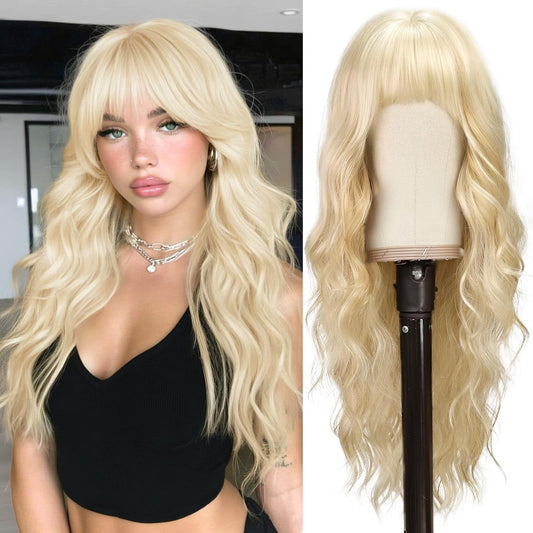 BARSDAR 26 Inch Long Wavy Blonde Wig with Bangs - Thick Soft Synthetic Hair Wig for Women Daily Wear, Cosplay, Party
