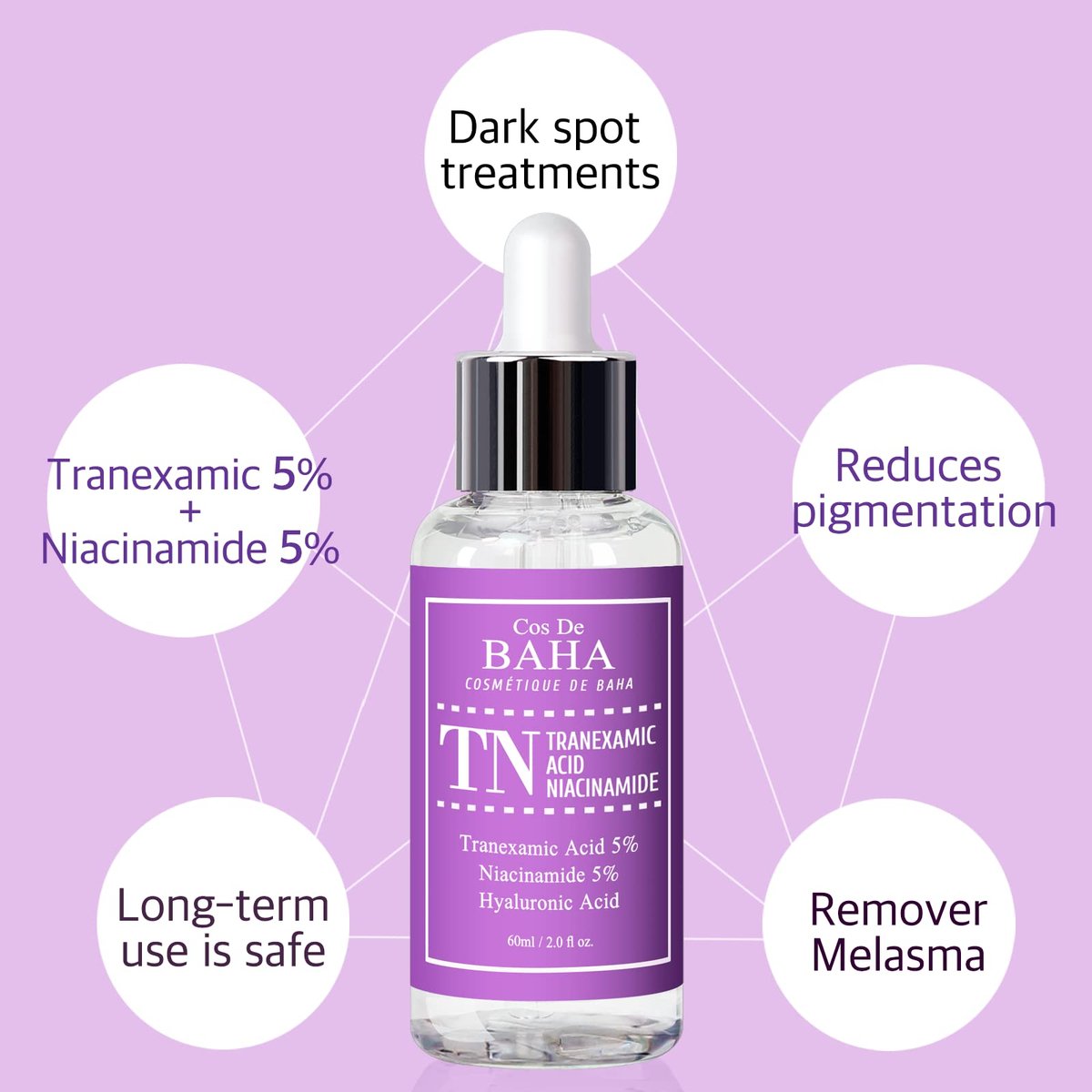 Cos De BAHA Tranexamic Acid 5% Serum – Niacinamide 5%, Hyaluronic Acid & Aloe for Brightening, Dark Spots & Uneven Tone, Melasma Remover (60 ml / 2 Fl Oz) Avelisse