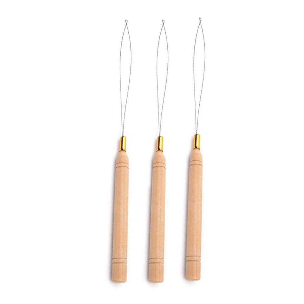 BlingKingdom 3pcs Hair Extension Loop Needle Threader Pulling Hook Tool and Bead Device Tool for Hair or Feather Extensions - Wooden and Stainless Steel - görsel 1
