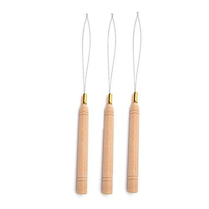 BlingKingdom 3pcs Hair Extension Loop Needle Threader Pulling Hook Tool and Bead Device Tool for Hair or Feather Extensions - Wooden and Stainless Steel