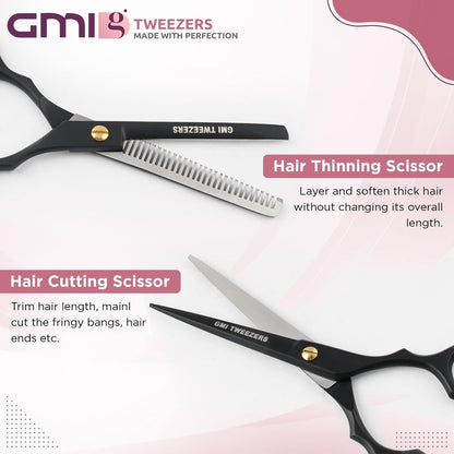 Professional Hair Cutting Scissors Set - GMI-TWEEZERS Barber Shears for Men and Women, 2-Pack (Black)