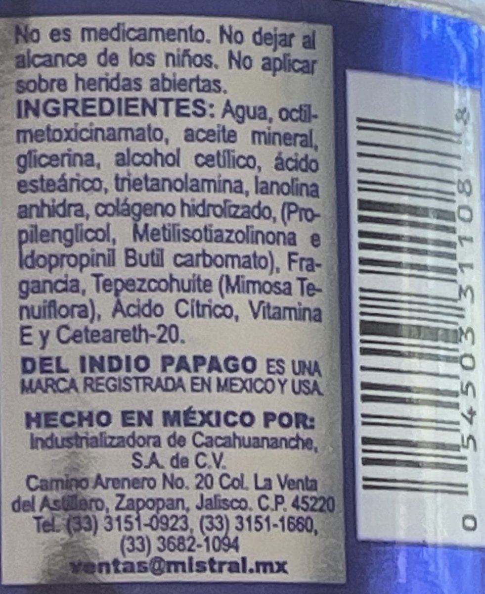 Del Indio Papago TEPEZCOHUITE 120g Skin Cream with Collagen & Vitamin E Sunscreen SPF-15 Avelisse