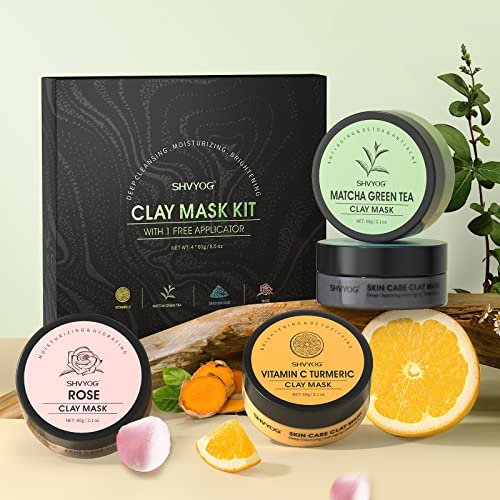 SHVYOG 4-Piece Face Mask Set: Turmeric Clay, Vitamin C, Green Tea, Rose & Dead Sea Mud Mask for Deep Cleansing & Pore Refining - 240g Total Avelisse