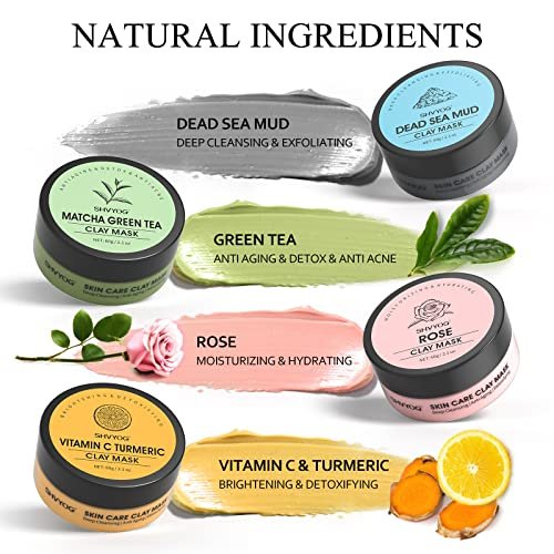 SHVYOG 4-Piece Face Mask Set: Turmeric Clay, Vitamin C, Green Tea, Rose & Dead Sea Mud Mask for Deep Cleansing & Pore Refining - 240g Total Avelisse