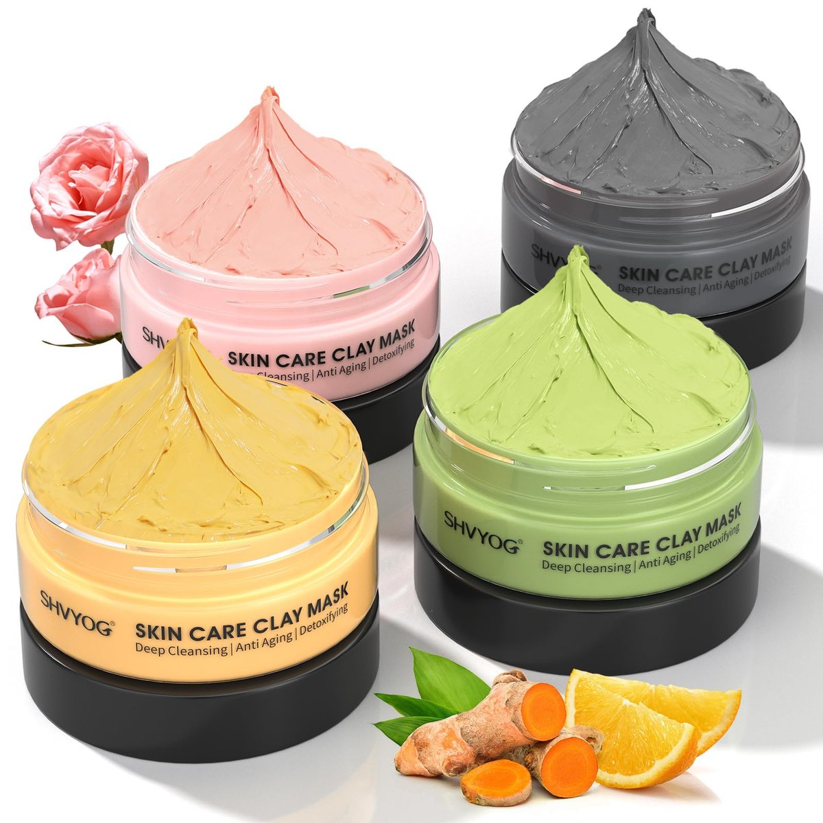 SHVYOG 4-Piece Face Mask Set: Turmeric Clay, Vitamin C, Green Tea, Rose & Dead Sea Mud Mask for Deep Cleansing & Pore Refining - 240g Total Avelisse