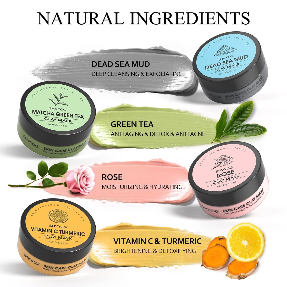 SHVYOG 4-Piece Face Mask Set: Turmeric Clay, Vitamin C, Green Tea, Rose & Dead Sea Mud Mask for Deep Cleansing & Pore Refining - 240g Total Avelisse