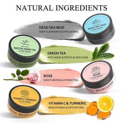 SHVYOG 4-Piece Face Mask Set: Turmeric Clay, Vitamin C, Green Tea, Rose & Dead Sea Mud Mask for Deep Cleansing & Pore Refining - 240g Total Avelisse