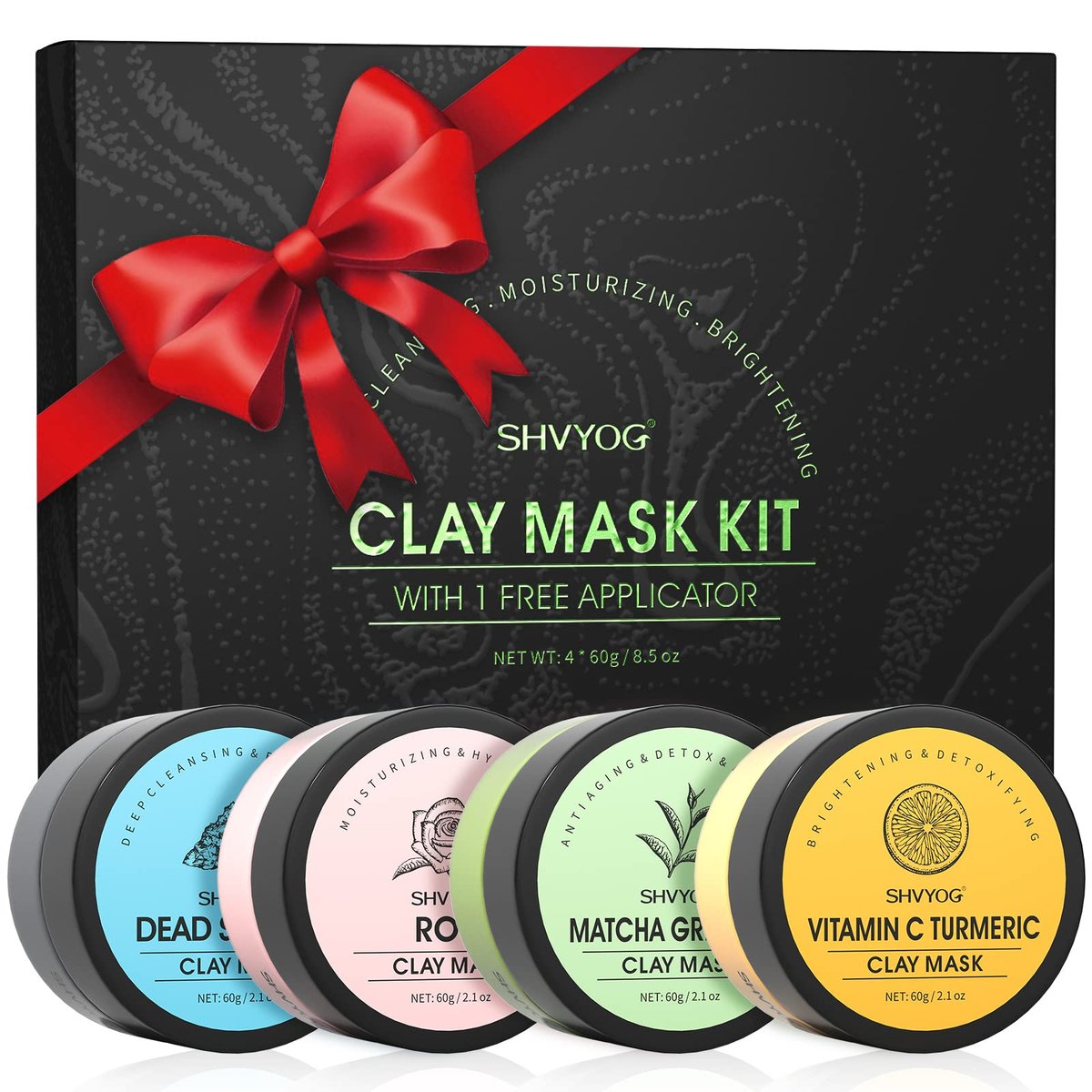 SHVYOG 4-Piece Face Mask Set: Turmeric Clay, Vitamin C, Green Tea, Rose & Dead Sea Mud Mask for Deep Cleansing & Pore Refining - 240g Total Avelisse