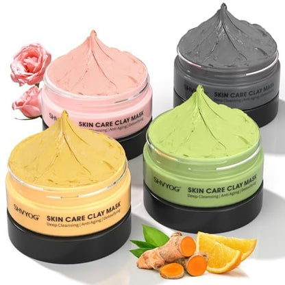 SHVYOG 4-Piece Face Mask Set: Turmeric Clay, Vitamin C, Green Tea, Rose & Dead Sea Mud Mask for Deep Cleansing & Pore Refining - 240g Total Avelisse