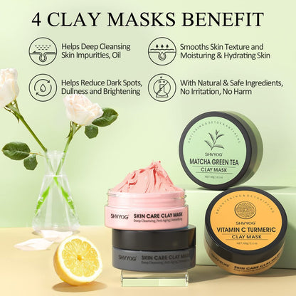 SHVYOG 4-Piece Face Mask Set: Turmeric Clay, Vitamin C, Green Tea, Rose & Dead Sea Mud Mask for Deep Cleansing & Pore Refining - 240g Total Avelisse