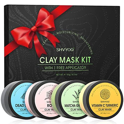 SHVYOG 4-Piece Face Mask Set: Turmeric Clay, Vitamin C, Green Tea, Rose & Dead Sea Mud Mask for Deep Cleansing & Pore Refining - 240g Total Avelisse