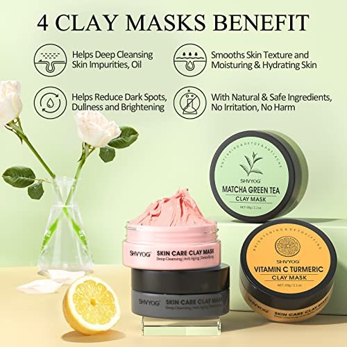 SHVYOG 4-Piece Face Mask Set: Turmeric Clay, Vitamin C, Green Tea, Rose & Dead Sea Mud Mask for Deep Cleansing & Pore Refining - 240g Total Avelisse