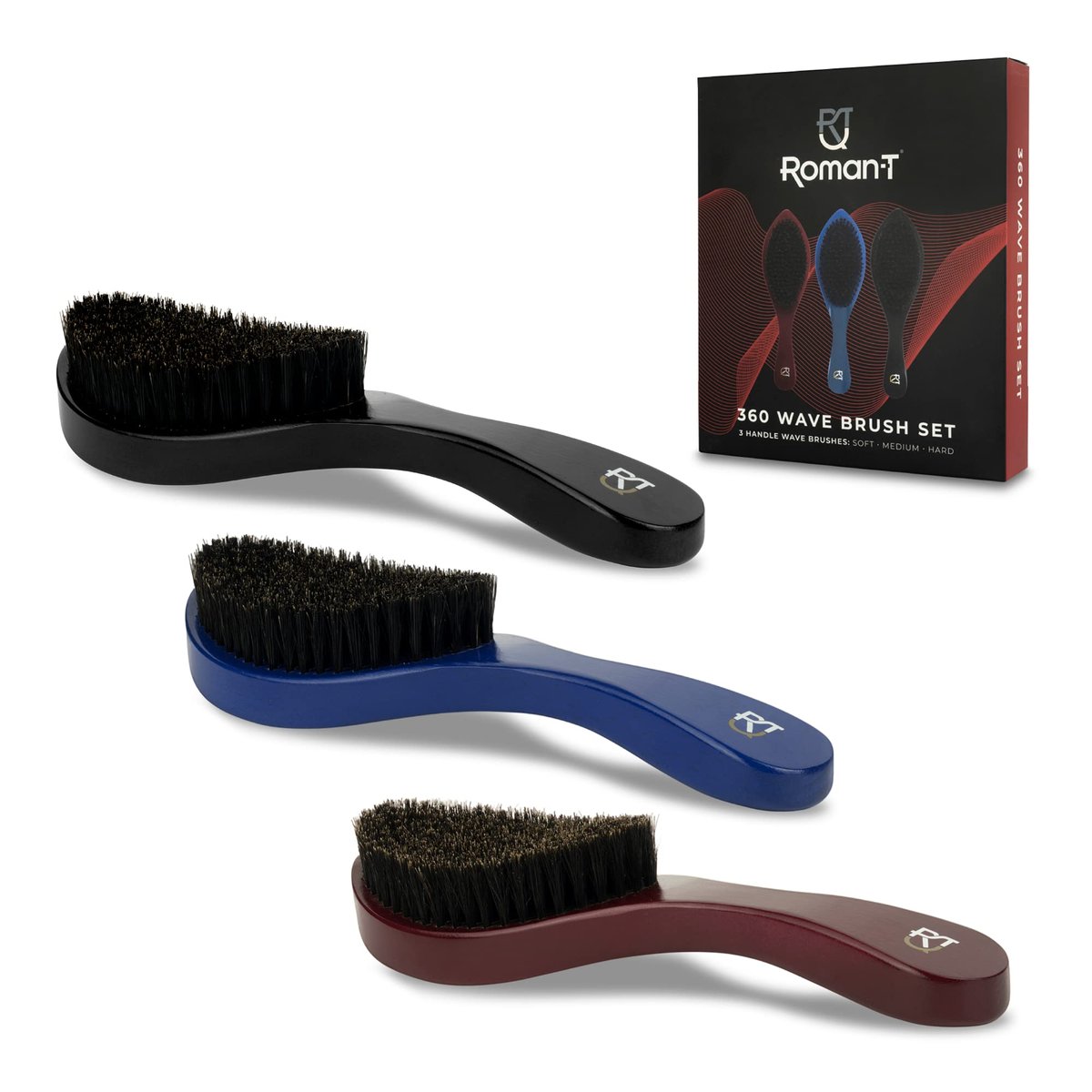 Roman-T Men's 360 Wave Brush Set - Three Handle Brushes for 360 Waves (Soft, Medium & Hard) - Grooming Gift Set Avelisse