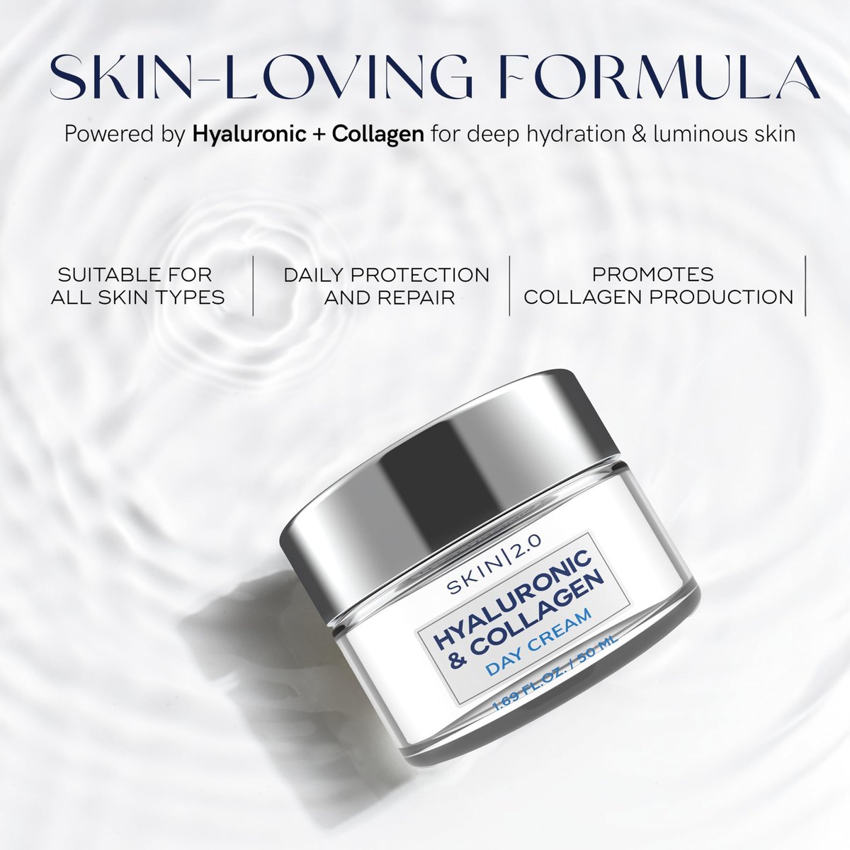 Skin 2.0 Hyaluronic Acid & Collagen Face Moisturizer – Deep Hydration, Firming & Anti-Aging Day Cream for Dry Skin – Dermatologist Tested, Korean Skin Care for All Skin Types, Clean Beauty – 1.69 Oz Avelisse