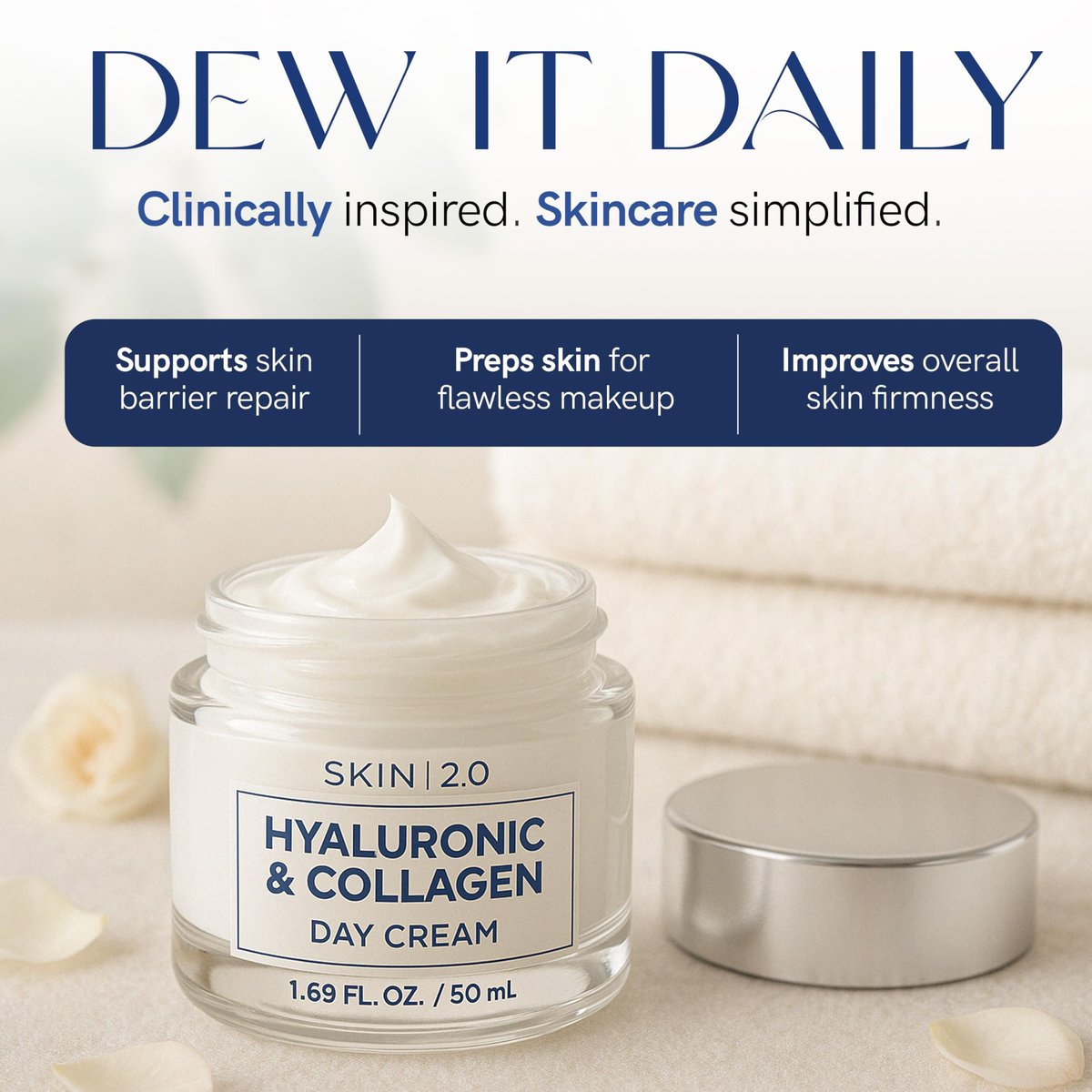 Skin 2.0 Hyaluronic Acid & Collagen Face Moisturizer – Deep Hydration, Firming & Anti-Aging Day Cream for Dry Skin – Dermatologist Tested, Korean Skin Care for All Skin Types, Clean Beauty – 1.69 Oz Avelisse