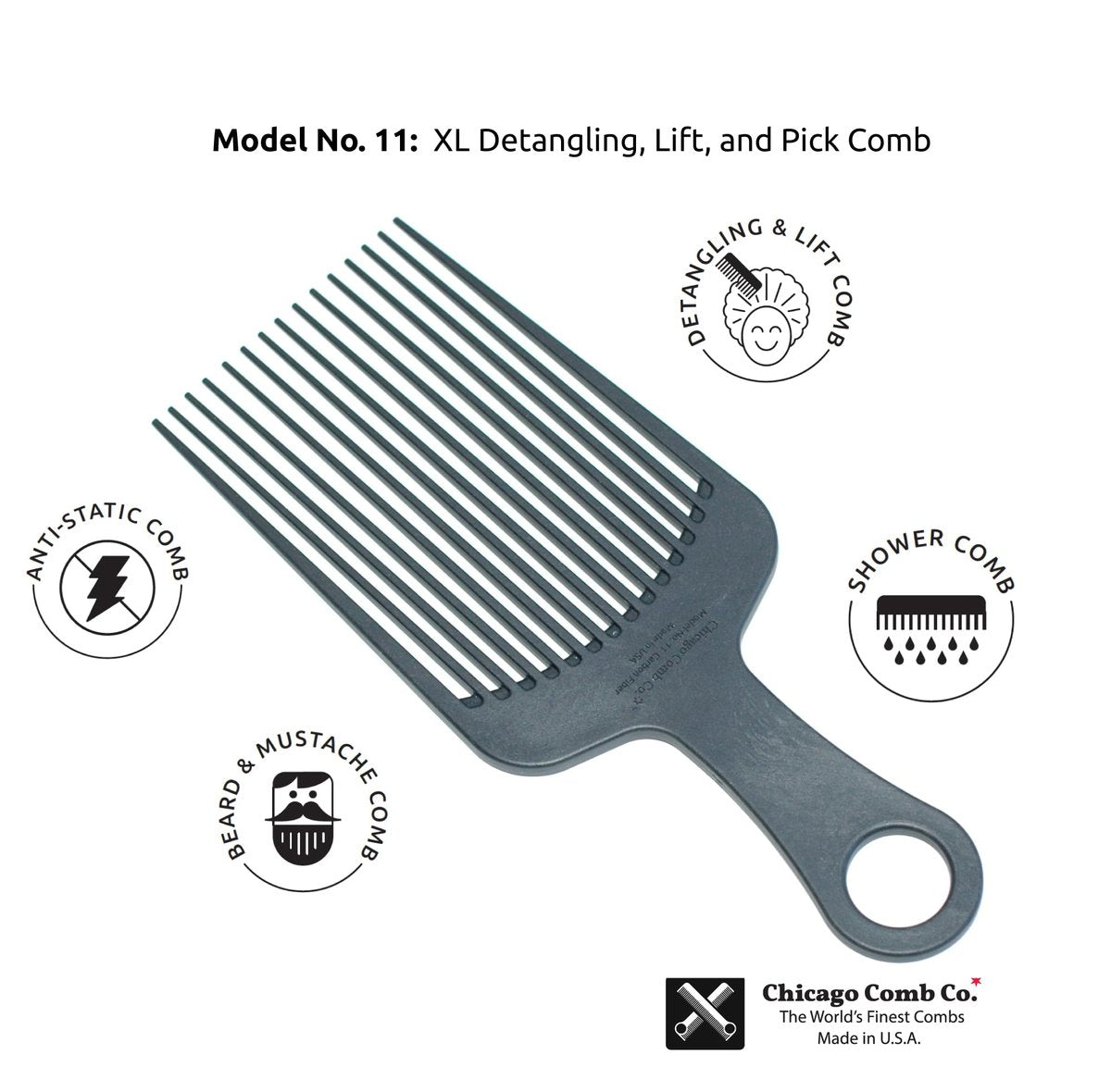 Chicago Comb Model 11 Carbon Fiber Large Hair Pick - Anti-Static, 7.5 Inches (19 cm), Made in USA Avelisse