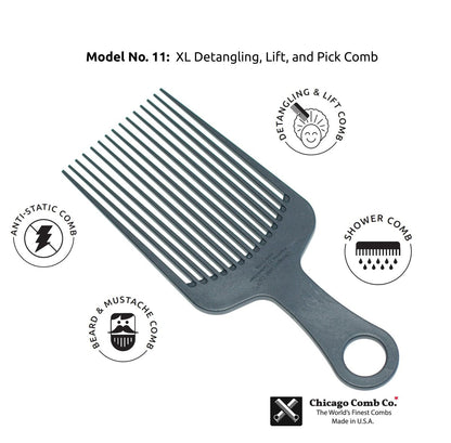 Chicago Comb Model 11 Carbon Fiber Large Hair Pick - Anti-Static, 7.5 Inches (19 cm), Made in USA Avelisse