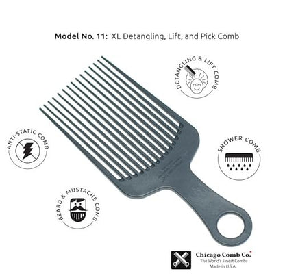 Chicago Comb Model 11 Carbon Fiber Large Hair Pick - Anti-Static, 7.5 Inches (19 cm), Made in USA Avelisse