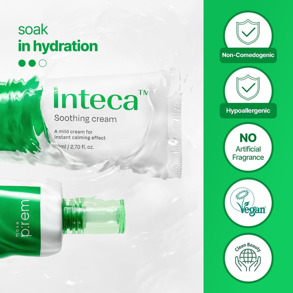 MAKE P:REM INTECA™ Soothing Cream – Advanced Non-Comedogenic Centella Asiatica Moisturizer for Acne-Prone & Sensitive Skin, Korean Vegan Face Cream, 2.70 fl oz Avelisse