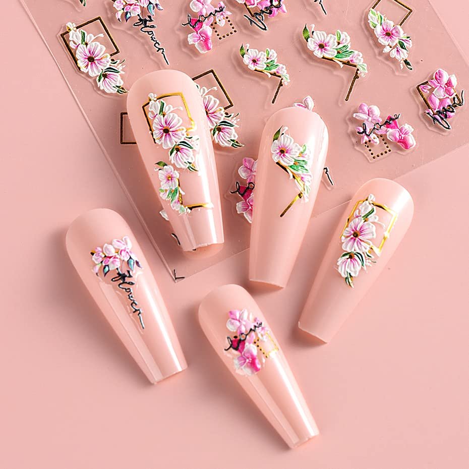 3D Embossed Flower Leaves Nail Art Stickers - 4 Sheets of 5D Self-Adhesive Decals for Summer Nail Designs - görsel 10