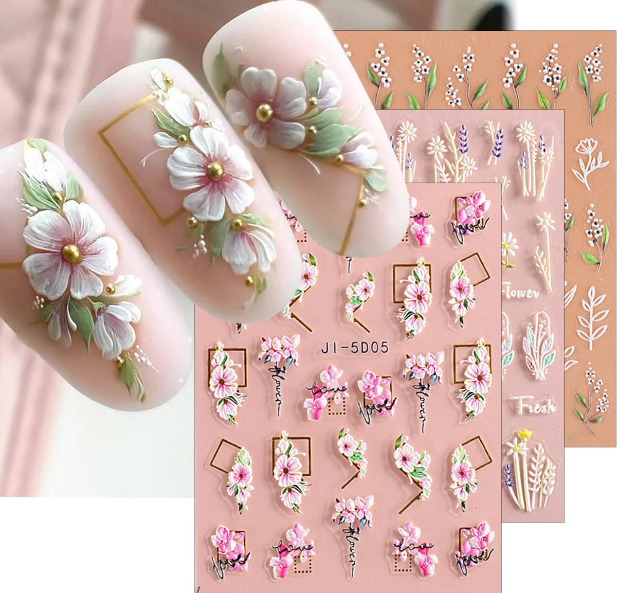 3D Embossed Flower Leaves Nail Art Stickers - 4 Sheets of 5D Self-Adhesive Decals for Summer Nail Designs - görsel 1