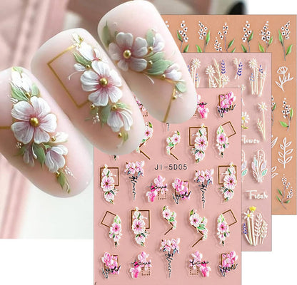 3D Embossed Flower Leaves Nail Art Stickers - 4 Sheets of 5D Self-Adhesive Decals for Summer Nail Designs