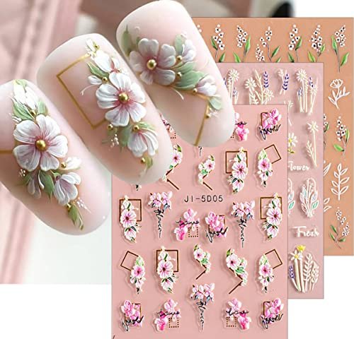 3D Embossed Flower Leaves Nail Art Stickers - 4 Sheets of 5D Self-Adhesive Decals for Summer Nail Designs - görsel 2