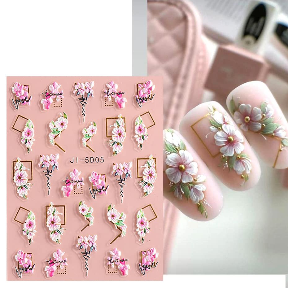 3D Embossed Flower Leaves Nail Art Stickers - 4 Sheets of 5D Self-Adhesive Decals for Summer Nail Designs - görsel 3