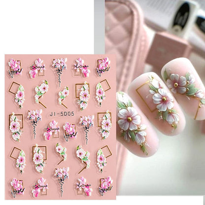 3D Embossed Flower Leaves Nail Art Stickers - 4 Sheets of 5D Self-Adhesive Decals for Summer Nail Designs