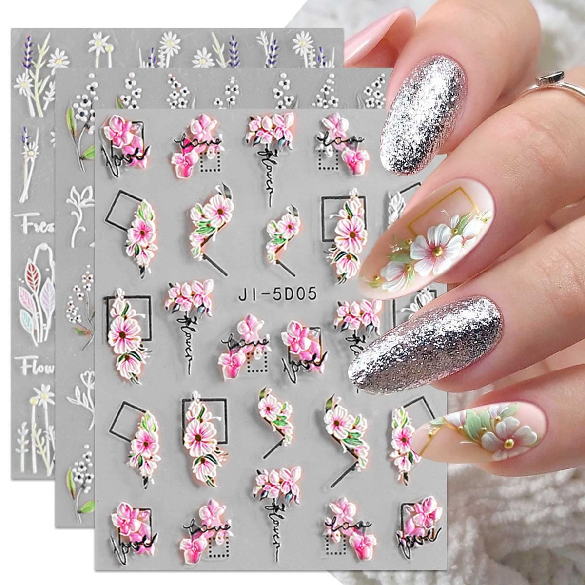 3D Embossed Flower Leaves Nail Art Stickers - 4 Sheets of 5D Self-Adhesive Decals for Summer Nail Designs - görsel 8