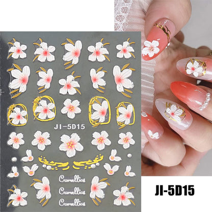 3D Embossed Flower Leaves Nail Art Stickers - 4 Sheets of 5D Self-Adhesive Decals for Summer Nail Designs