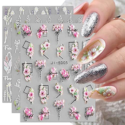 3D Embossed Flower Leaves Nail Art Stickers - 4 Sheets of 5D Self-Adhesive Decals for Summer Nail Designs