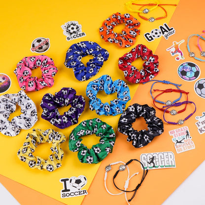 Soccer Party Supplies Set: 140 Pcs Satin Scrunchies, Adjustable Bracelets & Stickers for Sports Themed Birthday Avelisse