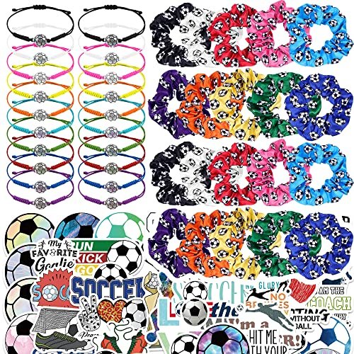 Soccer Party Supplies Set: 140 Pcs Satin Scrunchies, Adjustable Bracelets & Stickers for Sports Themed Birthday Avelisse